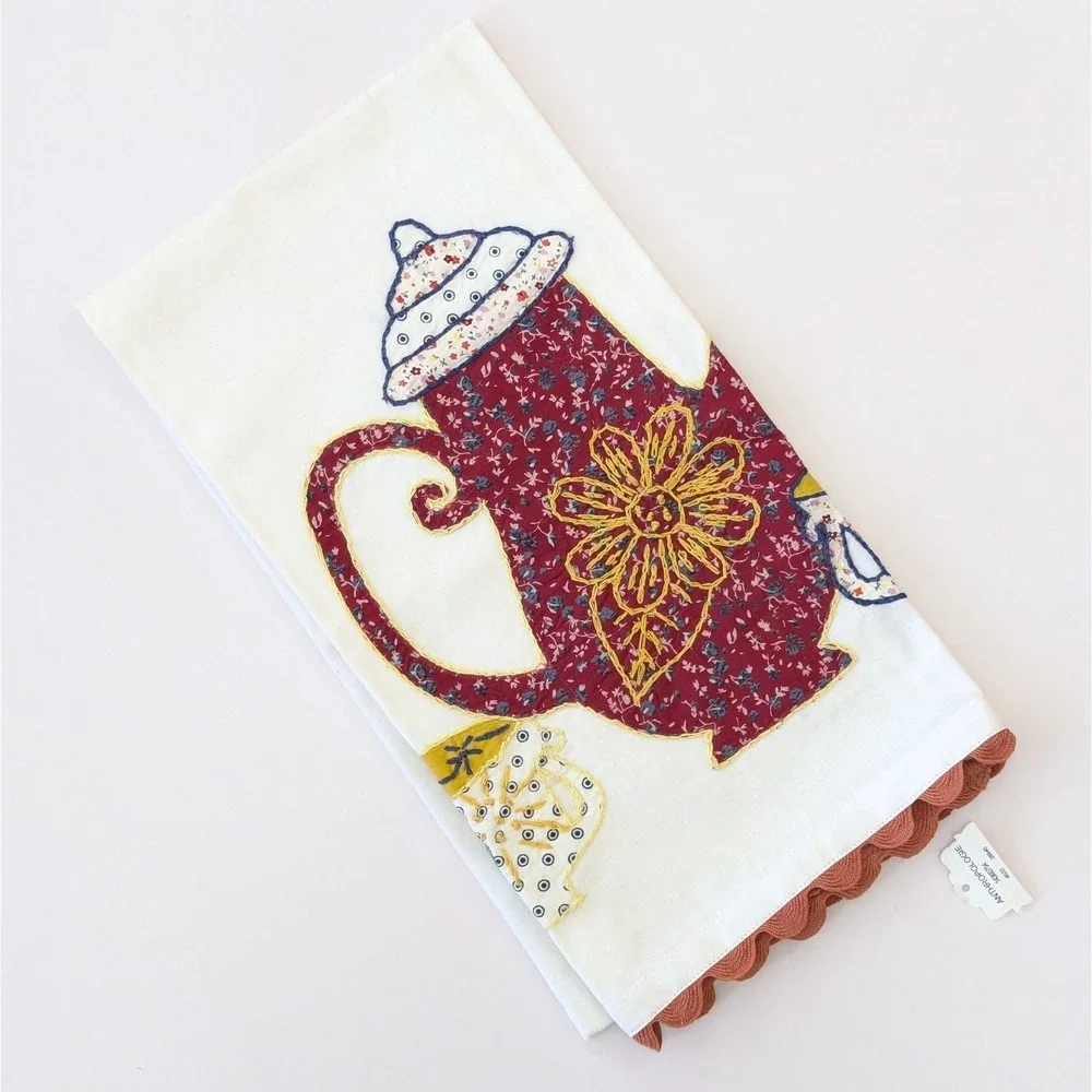 2010 Anthropologie Dish Towel Applique Teapot Tea Cups Floral Fabric INDIA New
